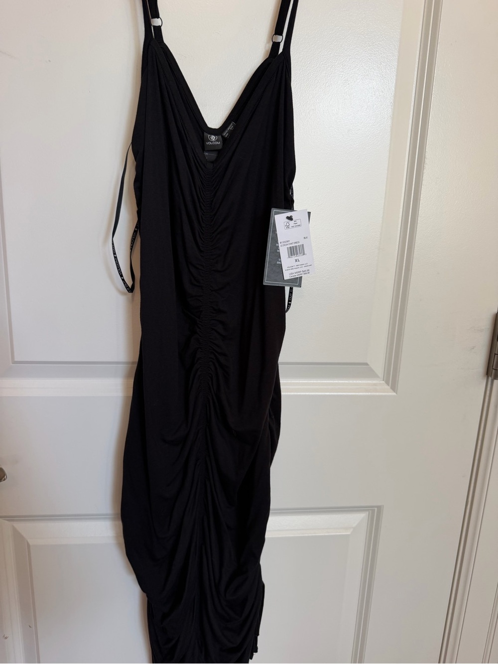 Volcom Black Ruched V-Neck Midi Dress